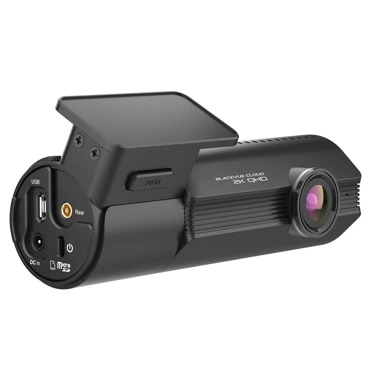 Black dash camera with multiple ports on a white background