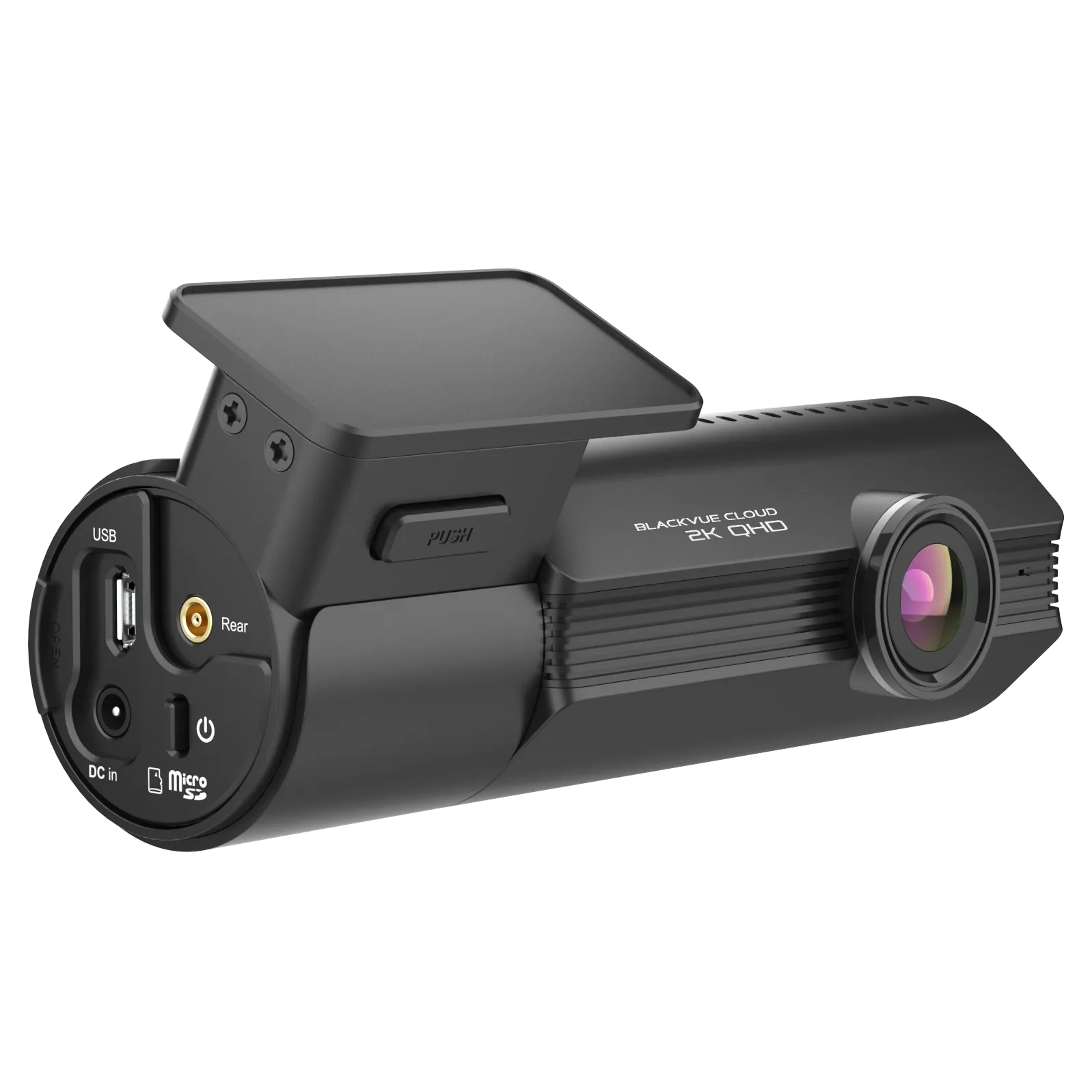 Black dash camera with multiple ports on a white background